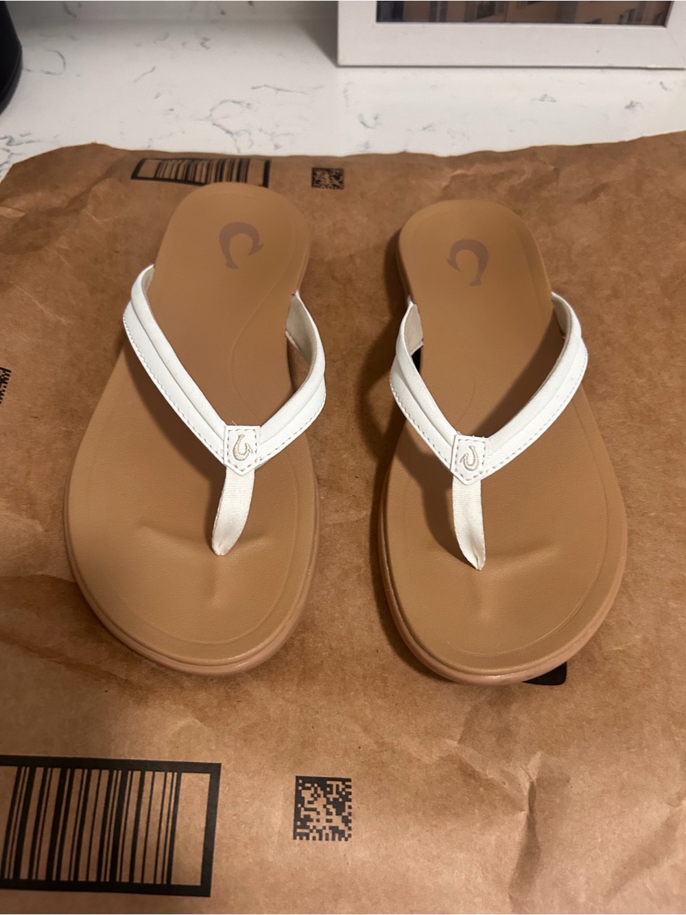 OluKai White Strap Tan Footbed Women's Flip Flops